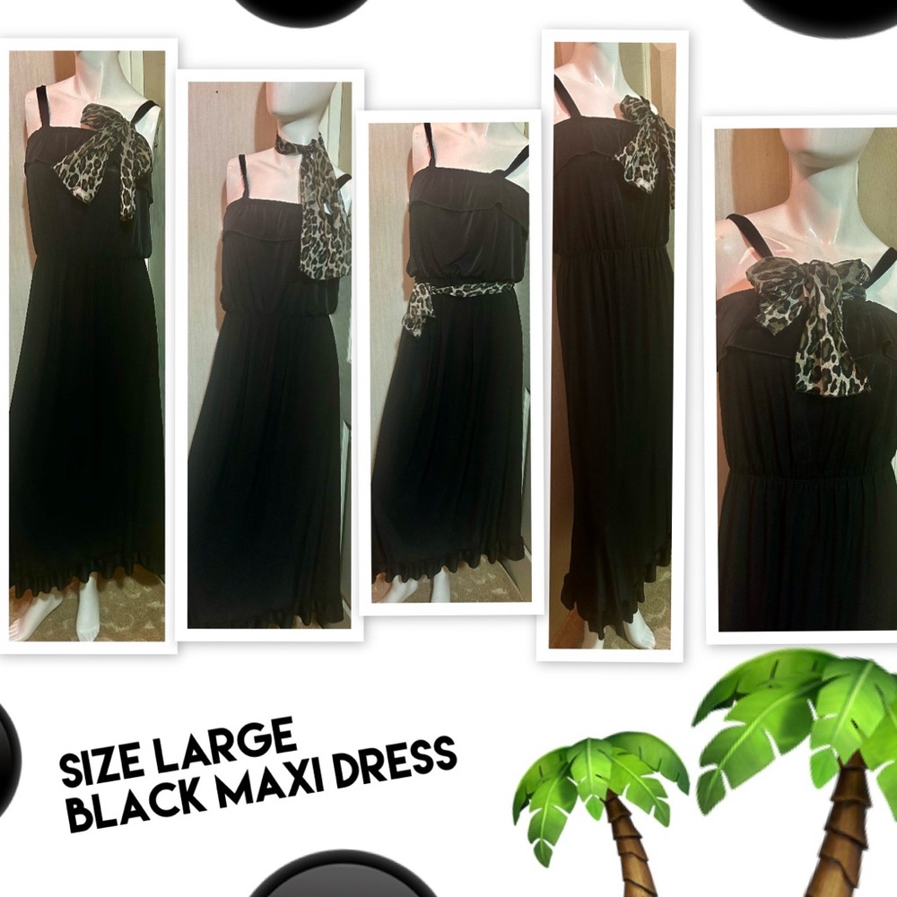 Black Maxi Dress with Leopard Print Scarf